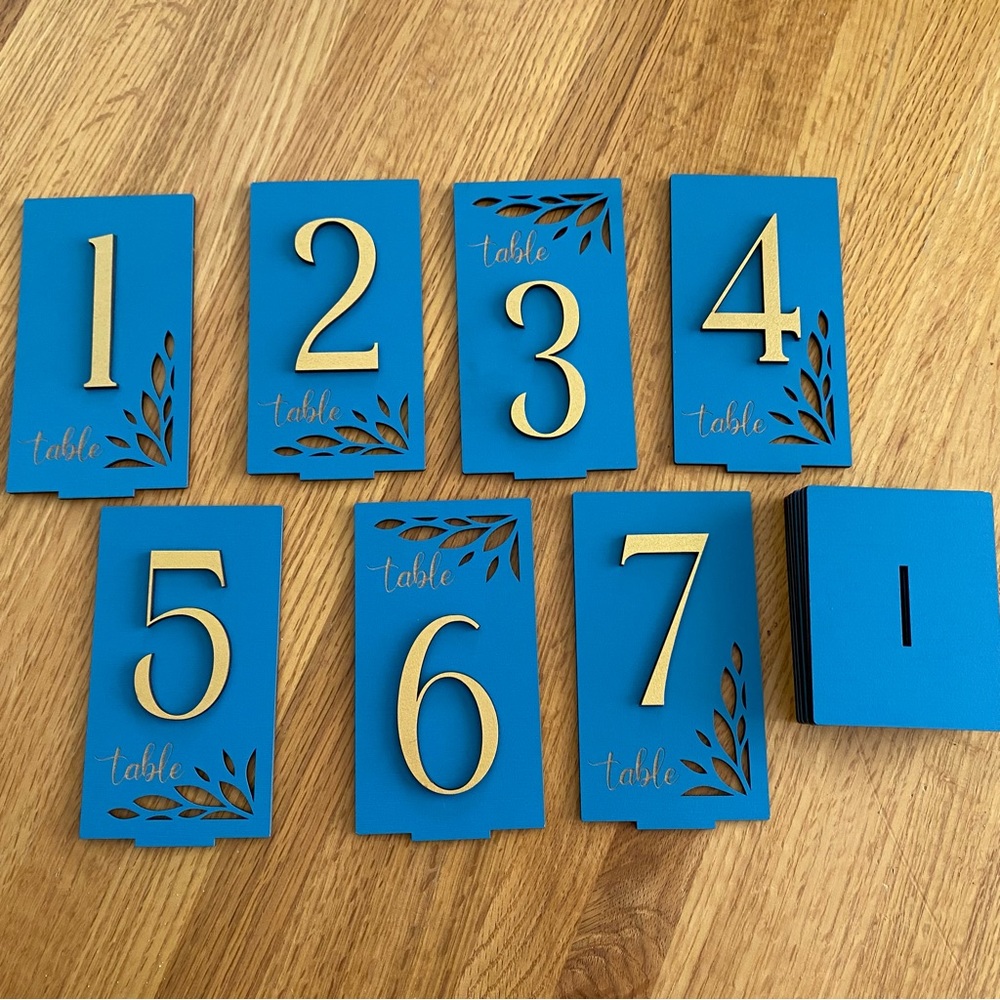 Wooden Table Numbers 1-7 Standing, Handmade, Blue and Gold, for Events/ Weddings - Picture 7 of 9